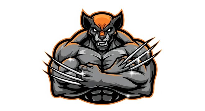 Illustration of Muscular Gray Wolf with Orange Crest Standing Aggressively with Sharp Claws on White Background