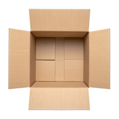 Opened Cardboard Box: An overhead shot showcases the interior of an open cardboard box, revealing the detailed structure of its flaps and interior, ready for transport or storage.