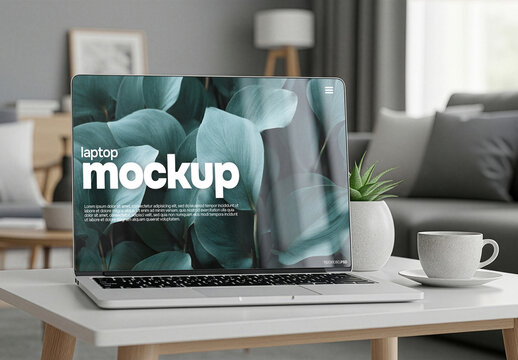 Laptop screen mockup in living room setting