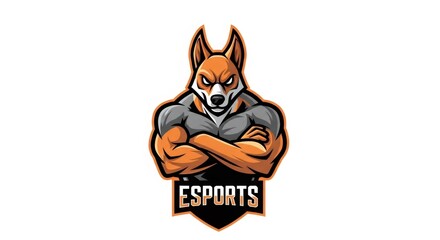 Fototapeta premium Pixelated Orange and Gray Fox Mascot Illustration on White Background with Sharp Facial Features for Gaming Team Logo Design