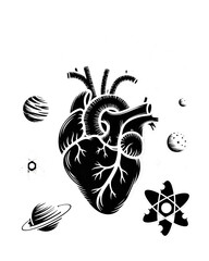 Anatomical human heart surrounded by celestial planets and atoms, featuring "LIGHT IN HEART" text on a dark background.