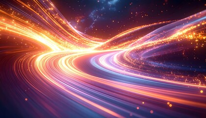 Abstract streaks of purple and orange light form a futuristic flowing path against a starry sky