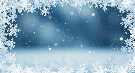 A festive winter background with a frame of frosty snowflakes. Blue Christmas and New Year illustration with falling snow.