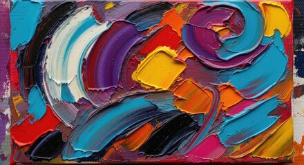 Close up of an abstract painting with vibrant colors and thick strokes