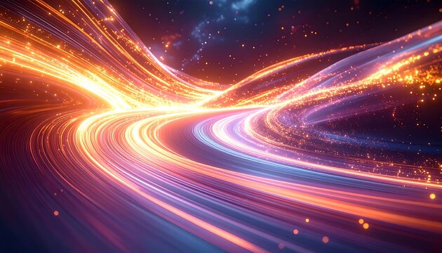 Abstract streaks of purple and orange light form a futuristic flowing path against a starry sky