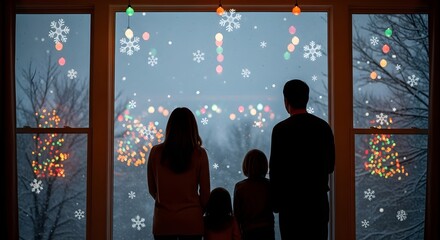 A family of four silhouetted against a window, looking out at a snowy winter night with Christmas lights and snowflakes.