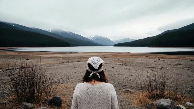 Young adult female seen from behind admiring a vast mountain lake on a cloudy day. Concept of wanderlust, solitude and adventure travel in a beautiful natural environment - Powered by Adobe