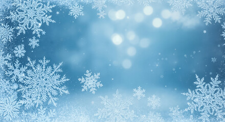 Winter background with a frame of frozen snowflakes. Blue Christmas and New Year holiday backdrop with falling snow and bokeh effects