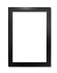 Simple, vertical, black wooden picture frame isolated against transparent background. Frame has matte finish and visible shadow underneath. Center space transparent