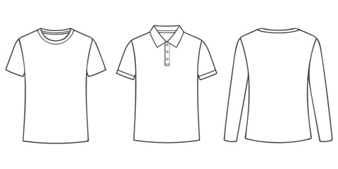 CAD Drawings of various shirt styles including classic T-shirt, polo shirt, and long-sleeve top shown in clean front and back outline views for apparel design