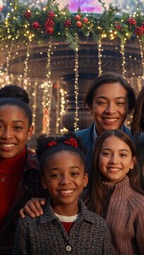 Vertical video: Smiling four females in coats posing festively as phone starting at plaza fountain