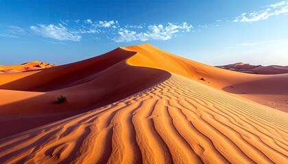 Vast desert landscape with rolling sand dunes and a clear blue sky dotted with clouds, highlighting the texture and patterns of the sand.