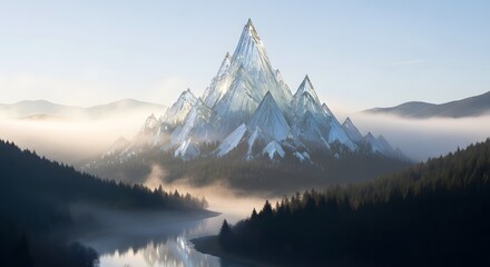 Majestic snow-capped mountain peaks rising above a serene forest landscape with mist and a calm lake reflecting the scenery
