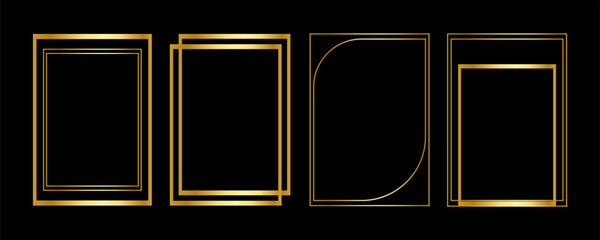 Thin golden frame set. Gold geometric border collection in art deco style. Thin linear shining rectangular shape bundle. Brass glowing shiny boarder element pack for photo, cadre, poster, card. Vector