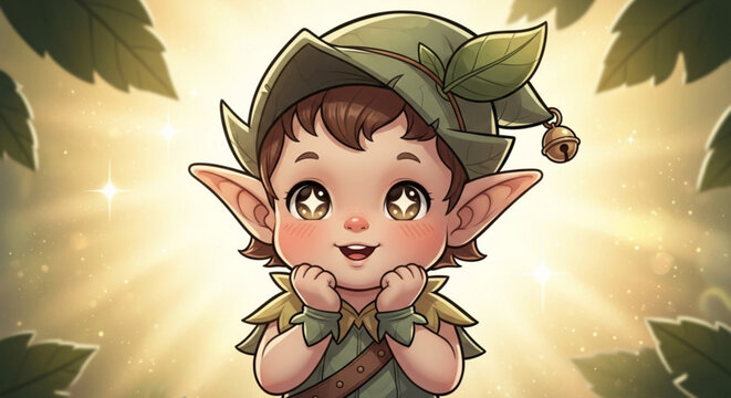 A delightful illustration captures a charming baby dressed as a forest elf, surrounded by lush leaves, radiating joy, isolated on