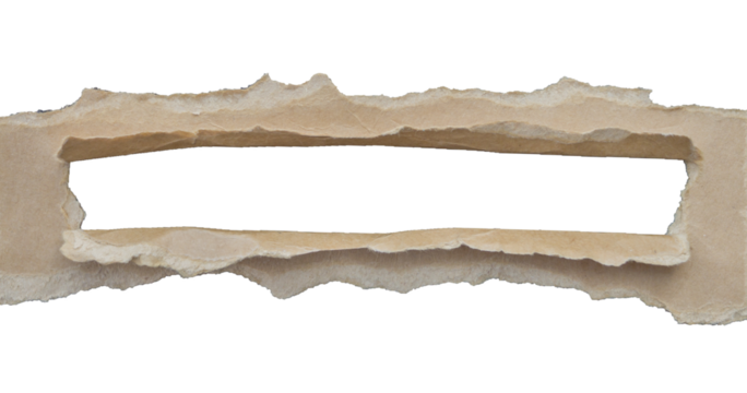 Horizontal band of light brown or beige paper with a rectangular opening torn through the center, creating a clean inner window framed by ragged, irregular edges