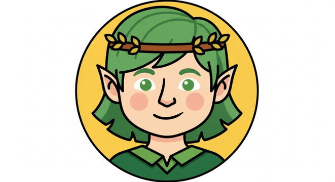 A charming cartoon illustration of a forest elf with green hair and a leafy crown, set against a bright yellow circle background, perfect for childrens books