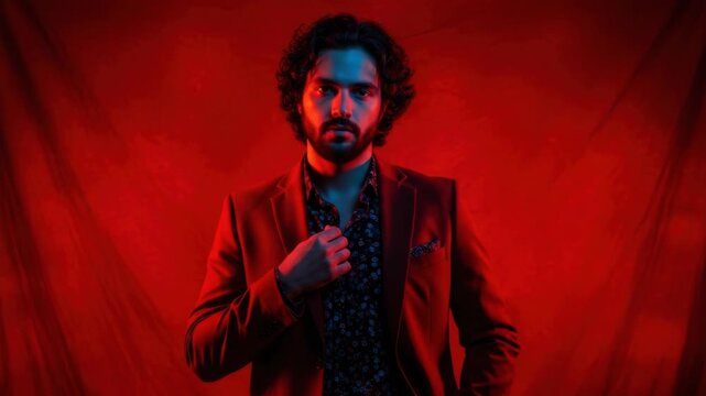 Stylish bearded man in a suit posing with confidence under dramatic lighting. Cinematic portrait of a male model with red and blue lights for a fashion or lifestyle banner - Powered by Adobe