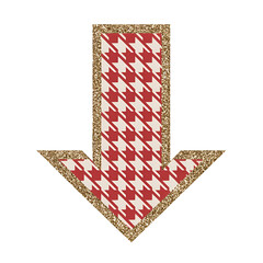 Downward pointing arrow with a festive red and white houndstooth pattern and sparkling gold glitter border isolated on a black background
