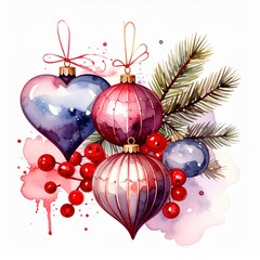 Colorful Christmas Ornaments With Pine Branches and Berries on a Bright Background