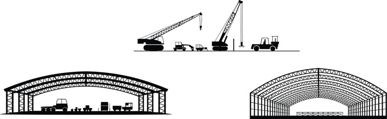 Construction machinery and industrial warehouse structures, heavy equipment silhouettes, cranes and forklifts at work, large steel building frames engineering illustration