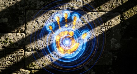 Ancient stone wall with glowing digital interface overlay representing technology and innovation in a historical setting