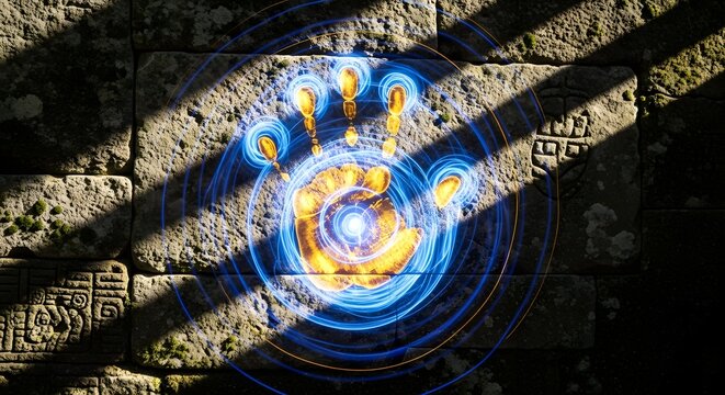 Ancient stone wall with glowing digital interface overlay representing technology and innovation in a historical setting