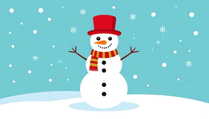 Cheerful snowman against a blue background with falling snow, wearing a red hat and a striped scarf