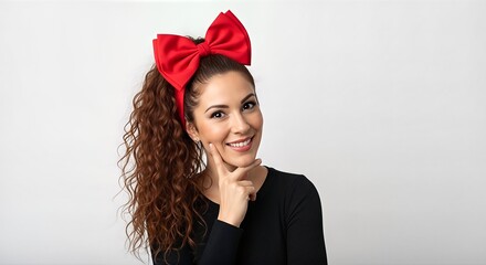 A young woman with curly brown hair tied in a high ponytail, wearing a large red bow on her head and a black top, smiles gently while touching her cheek.