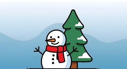 Cartoon illustration of a snowman with a red scarf next to a Christmas tree.