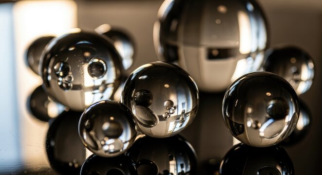 Close up shot of a collection of shiny metal balls on a dark surface