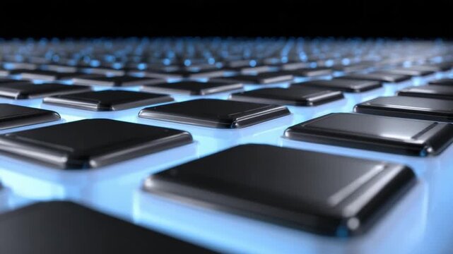 Array of black, metallic square keys illuminated by blue light, with blurred lights in the background
