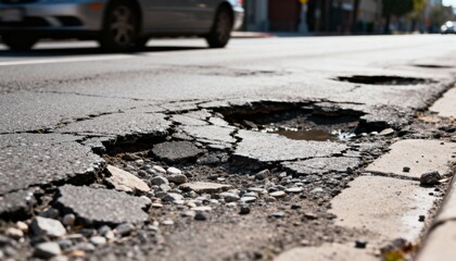 Damaged Asphalt Road with Potholes - Infrastructure and safety concept
