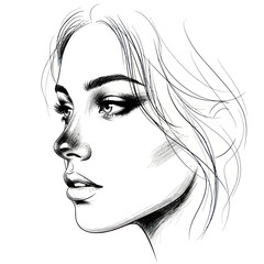 Elegant black and white line art sketch of a beautiful womans face.
