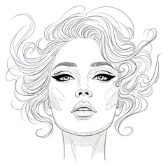 Hand drawn beautiful woman face with flowing curly hair.