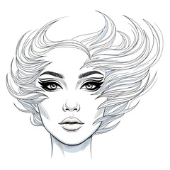 Striking artistic illustration of a womans face with dynamic flowing hair and bold makeup.