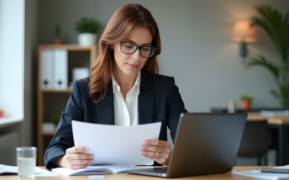Busy 40 years old business woman working in office checking documents. Mid aged businesswoman accounting manager executive or lawyer using laptop reading paper file financial report, tax invoice