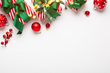 Merry Christmas and Happy Holidays greeting card, frame, banner. New Year. Red green Christmas...