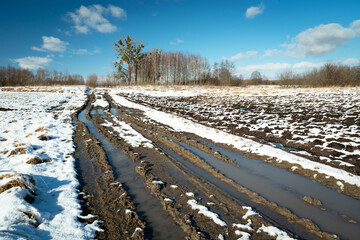 A muddy dirt road and melting snow in a field on a sunny winter day