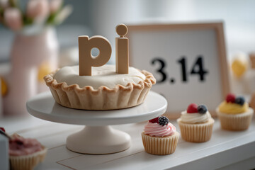 Pi day celebration with cream pie and assorted colorful cupcakes on white table