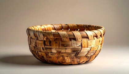 “A round woven basket made of natural fibers, displayed on a neutral surface.”
