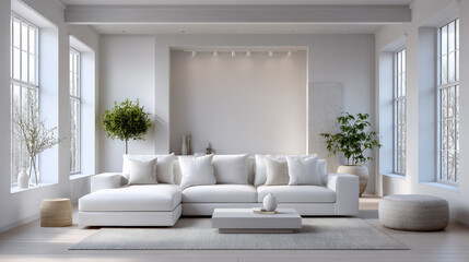 Fototapeta premium Modern minimalist living room with white sofa and large windows in natural light
