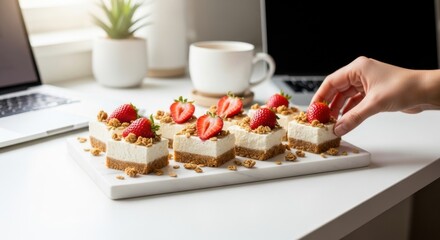 A hand reaches for a delicious cheesecake bar topped with fresh strawberries and granola, served on a white board with a laptop and coffee in the background, perfect for a work break