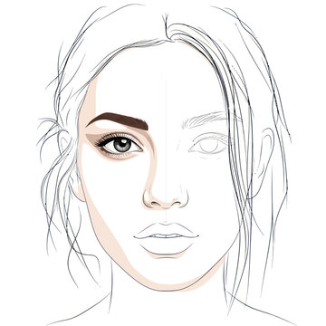 Half-finished makeup face chart for beauty and fashion.