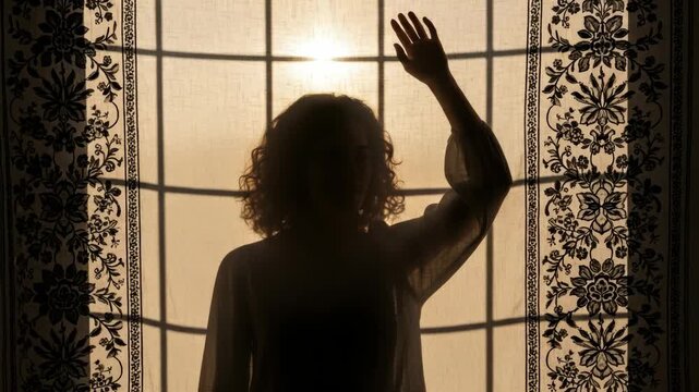 A woman's silhouette standing by a window during a beautiful golden hour sunrise. Composite image showing a female figure raising her hand to the warm sunlight