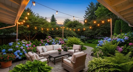 Outdoor patio with string lights and garden furniture at twilight hour