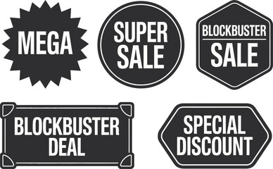 Obraz premium Mega Sale Badges. Blockbuster deal labels, super sale icons, special discount signage, and bold promotional graphics