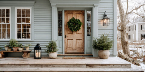 Cozy winter front porch with wooden door and green wreath