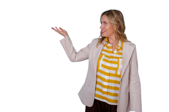 Businesswoman presenting with open palm gesturing to the side, smiling with a friendly expression on a transparent background