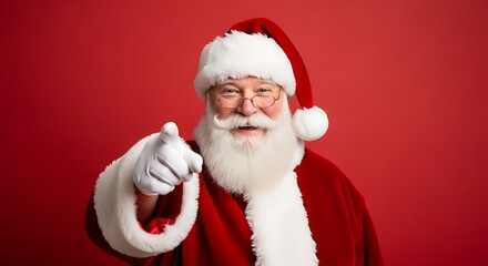 Portrait of a jolly Santa Claus with a white beard, wearing his traditional red costume and pointing at the viewer.